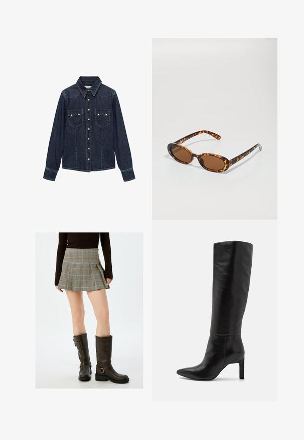 Mango Overhemdblouse - dark blue; Beige en zwarte ruitjes minirok met plooien en een aansluitende taille. Gecombineerd met hoge bruine leren laarzen met gespen.; Knee-high zwarte leren stiletto laarzen met een spitse neus en een gladde textuur. De hak is blokstijl, wat stabiliteit aan het ontwerp toevoegt.; Schildpadbril met ovale monturen, bruine lenzen en slanke zwarte armen met subtiele patroonaccenten.; Bruine faux leren schoudertas met een gebogen vorm, minimale stiksels en een gouden hardware-accent. Voorzien van een bovenste ritsluiting en een verstelbare schouderband.; Zwarte roestvrijstalen horloge met een ronde kast, gouden indexen en wijzers. Beschikt over een metalen schakelarmband met een geborstelde afwerking.