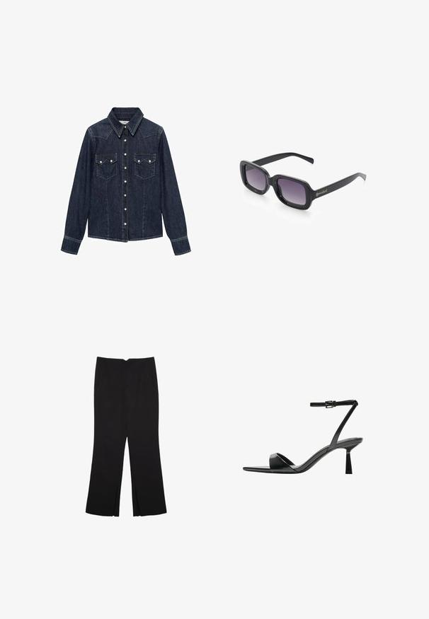 Mango Button-down blouse - dark blue; Black trousers with a straight fit, featuring front pockets and side slits at the hem. Made of soft, smooth fabric. Suitable for various occasions.; Bershka High heeled sandals - black; Black square-frame sunglasses with gradient purple lenses. Features include smooth plastic material and a gold "soaked" logo on the arm.; Black leather tote bag with two long handles, a smooth texture, and a structured shape. Features a front pocket for additional storage.