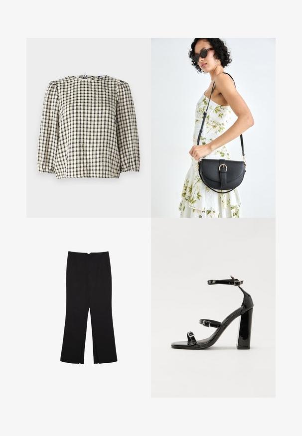 Schwarz-beige karierte Bluse mit rundem Halsausschnitt, puffärmeln und gerafftem Saum. Hergestellt aus einem leichten Stoff.; Schwarze Hose mit geradem Schnitt, ausgestattet mit Fronttaschen und Seitenschlitzen am Saum. Hergestellt aus weichem, glattem Stoff. Geeignet für verschiedene Anlässe.; Schwarze patentierte Sandalen mit Absatz, quadratischer Spitze, Knöchelriemen und silbernen Schnallen. Mit einem stabilen Blockabsatz für mehr Stabilität.; Schwarze Lederhandtasche mit geschwungener Form, abnehmbarem Tragegurt und goldenen Beschlägen. Die Tasche verfügt über einen Deckel mit einer Schnallen-Details.