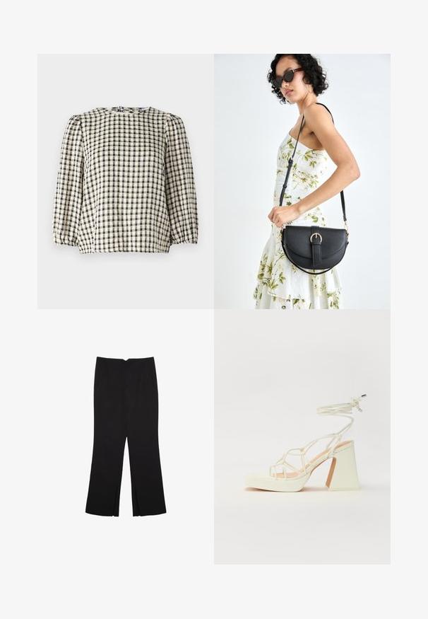 Crna i bež karirana bluzica s okruglim izrezom, napuhanim dugim rukavima i detaljem naboranog rubova. Izrađena od lagane tkanine.; Crne hlače ravnog kroja, s prednjim džepovima i bočnim prorezima na rubu. Izrađene od mekog i glatkog materijala. Pogodne za razne prigode.; Bijela sandala na visokoj potpetici s debelim petom, s remenom i vezanjem oko gležnja. Glatka tekstura s platformom sprijeda za dodatnu visinu.; Crna kožna torba s lukovitim oblikom, odvojivim remenom i zlatnim detaljima. Torba ima preklop s kopčom.