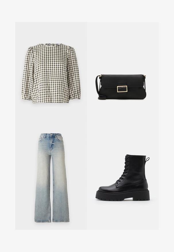 Mustat ja beige ruudullinen pusero, jossa on pyöreä kaula-aukko, puffatut pitkät hihat ja koottu helma. Valmistettu kevyestä kankaasta.; Vaaleansiniset leveälahkeiset farkut, joissa on korkea vyötärö, viisi taskua ja näkyvät ompeleet saumoissa.; Musta nahkainen nilkkureita, joissa on pyöreä kärki, nauhakiinnitys edessä ja paksu kumipohja, jossa on teksturoitu pinta. Takana vetotappi.; Musta nahkainen kynäpenkkilaukku, jossa on läppä ja kultainen metallinen solkiyksityiskohta. Mukana musta hihna ja tyylikäs, minimalistinen muotoilu.; Kultaiset rengaskorvakorut, ohuet ja pyöreät, joissa on sileä metallipinta ilman koristeluja tai kuvioita.