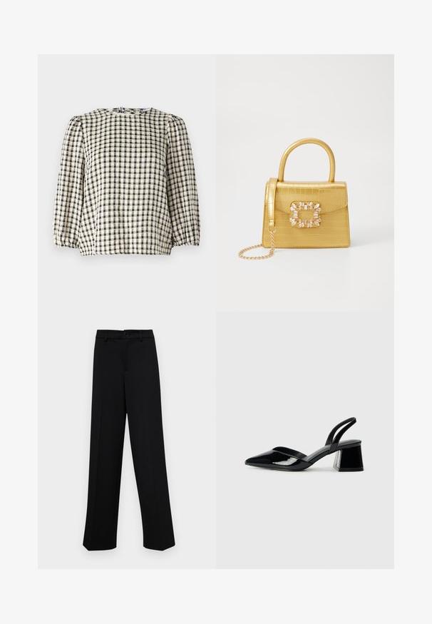 Fekete és bézs kockás blúz kerek nyakkivágással, puffos hosszú ujjakkal és redőzött aljjal. Könnyű anyagból készült.; Fekete, széles szárú nadrág sima anyagból, klasszikus derékrésszel, gombzárral és elülső redőkkel.; Fekete lakk bőr szandálkés magas sarkú cipő, hegyes orral és geometrikus tömbsarkakkal. Karcsú, minimalista dizájn és sima textúra jellemzi.; Sárga műbőr krokodil mintás kézitáska strukturált kialakítással, felső fogantyúval, leválasztható lánccal és díszes kristály díszítéssel a záron.