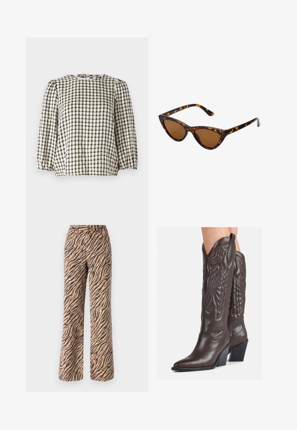 Black and beige checkered blouse with a round neckline, puffed long sleeves, and gathered hem detail. Constructed from a lightweight fabric.; Wide-leg trousers with a tiger stripe pattern in shades of brown and black, featuring a standard waist and five-pocket design.; Brown leather cowboy boots with pointed toe and block heel, featuring detailed stitching and raised accents on the shaft.; Cat-eye sunglasses with a black and orange tortoiseshell frame, brown lenses, and sleek, pointed tips. Features a minimal logo on the temple.; Black leather clutch bag with a flap and a gold metal buckle detail. Includes a black strap and a sleek, minimalist design.