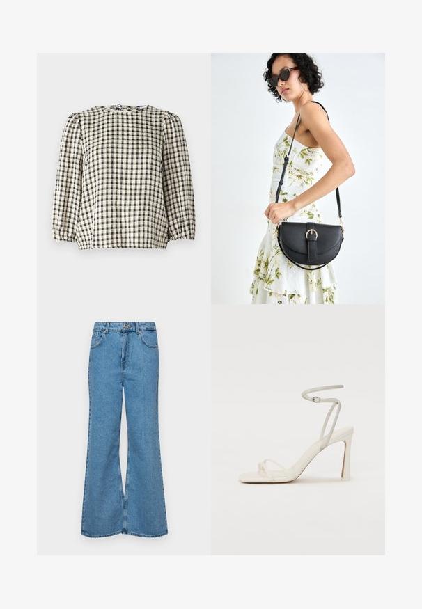 Blusa xadrez preta e bege com decote redondo, mangas longas bufantes e detalhe de bainha franzida. Confeccionada em um tecido leve.; Jeans de brim azuis claros, com corte à boca de sino, apresentando uma cintura alta, cinco bolsos e um fecho de botão único. Textura macia com acabamento desbotado.; Sandal de salto alto branco com uma tira fina no tornozelo e duas tiras frontais. Textura de couro suave com bico quadrado e salto brilhante.; Bolsa de couro preta com forma curva, alça destacável e detalhes em dourado. A bolsa possui uma aba com detalhe de fivela.