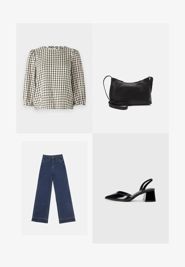 Mustard ja beež ruuduline pluus ümmarguse kaelusega, voolavad pikad varrukad ja volditud hemmi detail. Valmistatud kergest kangast.; Laiad püksid tumedast sinisest denimist. Omab viit taskut, vöölõke ja toore äärega allosas, kus on nähtavad õmblused.; Mustad musta lakknahk kingad, millel on terav varvas ja geomeetriline plokkkonts. Omab elegantselt minimalistlikku disaini ja sujuvat tekstuuri.; Mustmust nahk õlakotil on sile tekstuur, kumer kuju, reguleeritav rihm ja lukuga sulgemine. Minimalistlik disain ilma kaunistusteta.