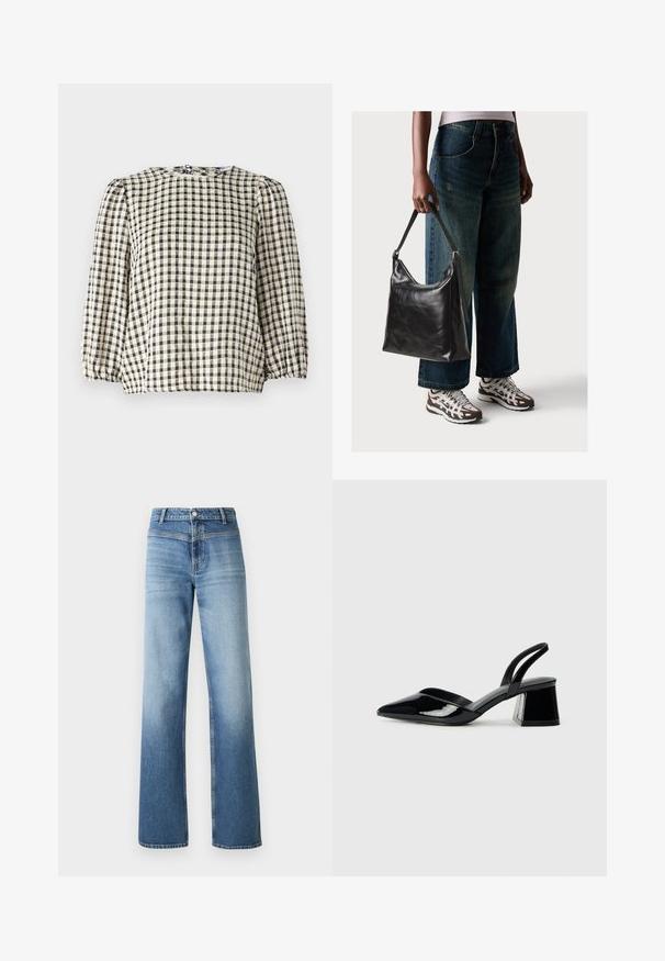 Sort og beige ternet bluse med rund halsudskæring, puffede lange ærmer og sammenkrøllede kantdetaljer. Fremstillet af et let stof.; Lys blå denim jeans med høj talje, lige ben, falmet vask og klassisk fem-lomme stil. Afsluttet med en knaplukning.; Sorte patentlæder slingback hæle med spids tå og en geometrisk blok hæl. Har et elegant, minimalistisk design og en glat tekstur.; Sort læder skuldertaske med en glat tekstur og justerbar skulderrem, parret med faded brede bukser og atletiske sneakers.