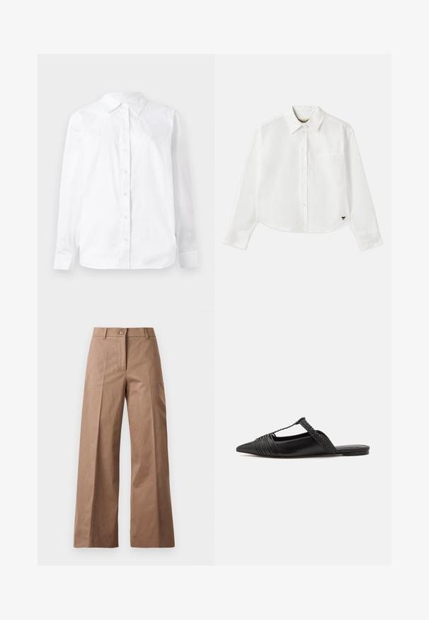 Camisa blanca de manga larga con botones, fabricada en algodón, que presenta un collar puntiagudo y un corte recto con una textura suave.; Camisa blanca de manga larga recortada hecha de algodón. Presenta un cierre frontal con botones, un bolsillo en el pecho y un pequeño logo negro en la parte inferior izquierda.; Pantalones de pierna ancha marrones, confeccionados en una tela suave, con un cierre frontal de botón, dos bolsillos frontales y líneas limpias y ajustadas.; Zapato de piel negra tipo slingback con punta afilada, que presenta un detalle trenzado y un diseño superior plisado. Suela plana con hardware mínimo.