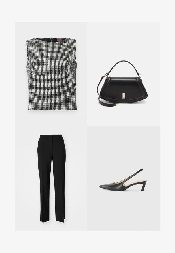 Black and white houndstooth sleeveless top with a round neckline and a back zipper. Made from a textured fabric.; Black tailored trousers with a straight-leg design, featuring a smooth texture and crisp creases along the front. No visible hardware.; Black pointy-toed slingback shoe with a low heel, featuring smooth leather material and cut-out design on the side for breathability.; Black leather handbag with a structured design, featuring a cropped shape, top handle, and gold hardware accent. Adjustable shoulder strap included.