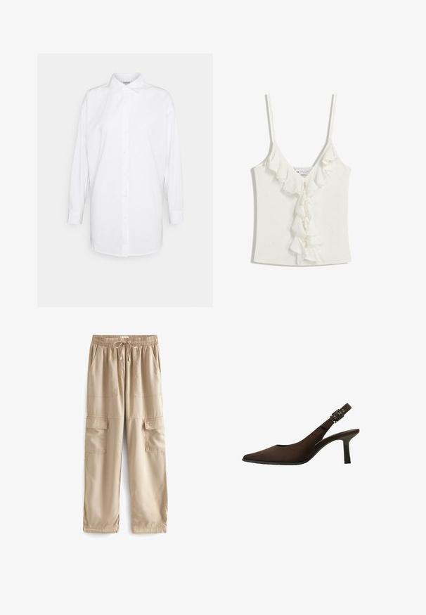 White button-up shirt with long sleeves, classic collar, and straight cut. Made from smooth, lightweight fabric. No patterns or accents.; White sleeveless top with a V-neckline, featuring ruffled accents down the center. Made from a soft, textured fabric.; Beige cargo pants made from lightweight fabric, featuring an elastic waistband, drawstring, and multiple large front pockets.; Brown suede slingback pump with a pointed toe, sleek design, thin heel, and a buckle accent on the ankle strap.