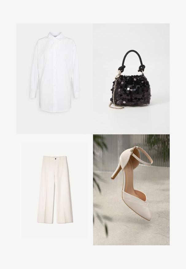 Camicia bianca button-up con maniche lunghe, colletto classico e taglio dritto. Realizzata in tessuto leggero e morbido. Senza fantasie o accessori.; Pantaloni larghi color crema con design sartoriale, dotati di due tasche frontali e una chiusura con bottone anteriore, realizzati in tessuto liscio.; Scarpa bianca con tacco alto in materiale liscio, con punta affilata e cinturino alla caviglia. Presenta un interno color beige chiaro e dettagli in metallo dorato.; Mini borsa a tracolla nera in paillettes con una tracolla texturizzata annodata e catena argentata. Forma rotonda con parte superiore arricciata e dettagli riflettenti.