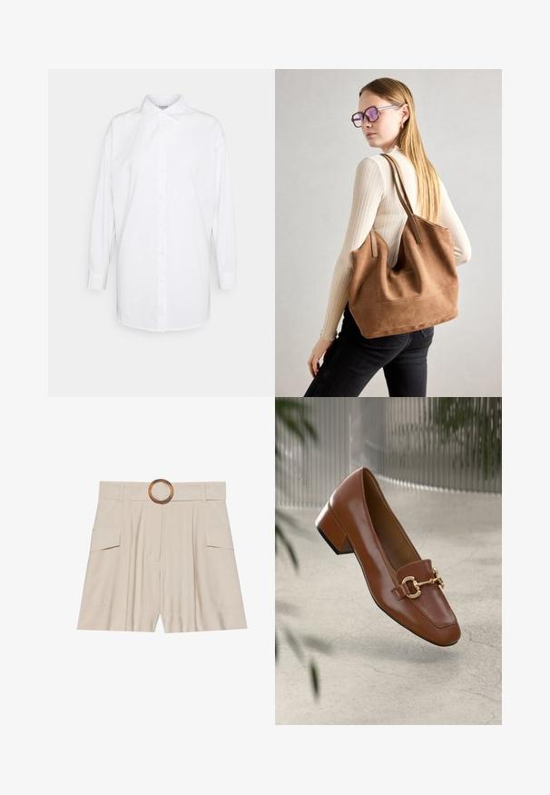 Biela košeľa s dlhými rukávmi, klasickým golierom a rovný strih. Vyrobená z hladkej, ľahkej tkaniny. Bez vzorov alebo akcentov.; Béžové šortky s vysokým pásom, širokým plochým opaskom, drevenou kruhovou prackou, skladaným predným dielom a dvoma bočnými vreckami. Hladká textúra tkaniny.; Hnedé lakované kožené loafers s hranatou špičkou, kovovým reťazovým akcentom a nízkym blokovým podpätkom; hladká textúra, minimalistický dizajn.; Hnedá semišová taška na rameno s mäkkou textúrou, veľkým otvorom a dlhými popruhmi. Má jednoduchý dizajn s viditeľným šitím a bez kovových prvkov.