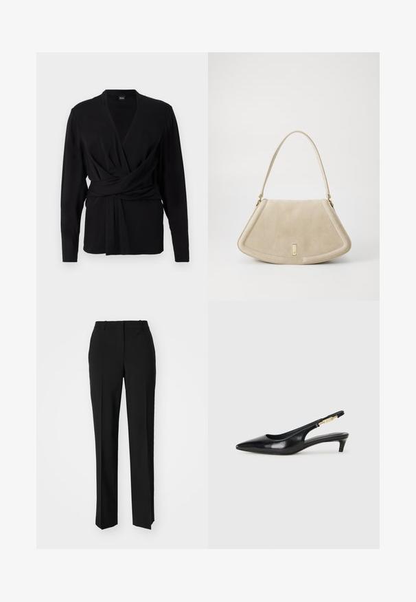 Top avvolgente nero in tessuto morbido, con maniche lunghe, scollatura a V e una cintura annodata che accentua la vita. Tessuto liscio.; Pantaloni neri su misura con un design a gamba dritta, caratterizzati da una texture liscia e pieghe ben definite sul davanti. Senza hardware visibile.; Tacchi slingback in pelle nera con punta affusolata, caratterizzati da un tacco alto e un accento dorato sulla cinghia regolabile. Texture liscia.; Borsa in suede beige con forma triangolare arrotondata, una sola tracolla e un accento in metallo dorato sul davanti.