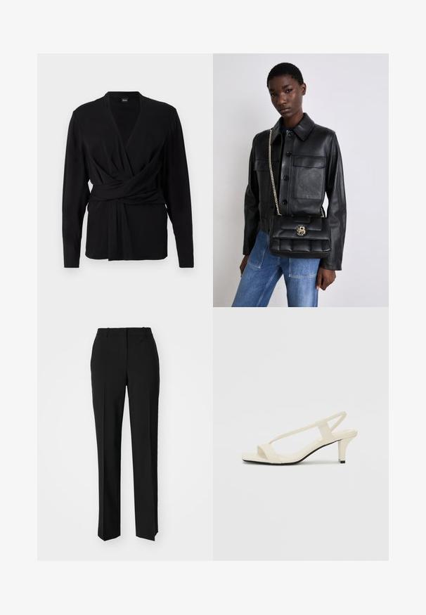 Must valge pehmest kangast, millel on pikad varrukad, V-kujuline kaelus ja seotud vöö, mis rõhutab talje. Sile tekstuur.; Mustad ja sirged püksid, millel on sile tekstuur ja teravad voldid esiosas. Ilma nähtavate detailideta.; Beez blok-kandadesed õhukeste rihmadega ja ruudukujulise varbaga. Sile materjal minimaalsete detailidega, kujundatud mugavaks kandmiseks.; Mustmust nahkjakks, millel on nööbiga sulgemine ja kaks esikot, koos musta tikandiga käekotiga, millel on kuldne klamber ja ahelrihm.