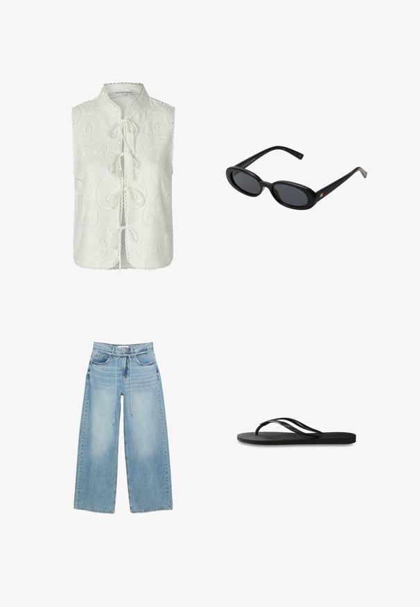Witte mouwloze blouse met bloemembroidery, ronde halslijn en strikjes aan de voorkant. Gegolfde zoom en gedetailleerde stiksels.; Lichtblauwe wijde jeans met een hoge taille, twee voorzakken, een rits en een stoffen striksluiting in de taille. Klassieke denimstructuur.; Zwarte flip-flop met een gestructureerde rubberen zool, twee slanke banden en een subtiele, ingedrukte logo-detail op de band.; Zwarte oversized zonnebril met ovale lenzen, een glad plastic montuur en gouden accenten op de pootjes. Donkere lenzen bieden bescherming tegen de zon.; Geweven, crèmekleurige tasset met een grotere handtas met een ronde handgreep en een kleinere zak met een bandje, beide met een uniforme textuur.