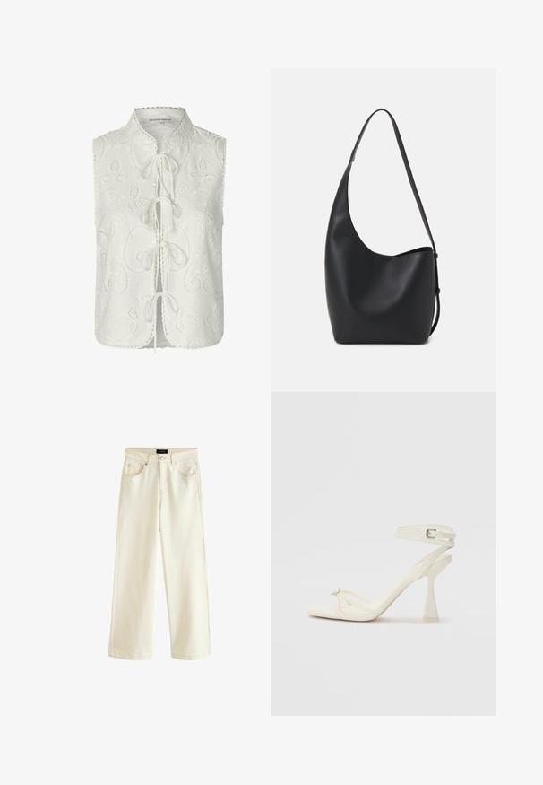 Balta be rankovių bluzonė su gėlių siuvinėjimu, apvaliu iškirpimu ir raišteliais priekyje. Banguotas apatinis kraštas ir detali siuvimo akcentai.; Plati kojinės kelnės iš šviesiai bežinio džinsinio audinio, su mygtuko uždarymu, penkiomis kišenėmis ir lygiu paviršiumi. Paprastas ir šiuolaikiškas dizainas.; Baltos odinės aukštakulnės sandalai su dirželiais, elegantiško dizaino, skaidriu blokiniu kulnu ir dekoratyviu elementu ant piršto.; Juodas odinis hobo maišas su lygiu paviršiumi, kreipta forma ir viena reguliuojama rankena; turi platų atidarymą viršuje.