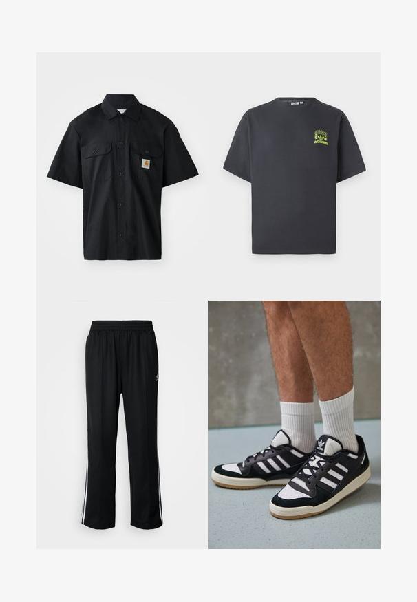 Cămașă neagră cu mânecă scurtă, confecționată dintr-un material țesut, cu închidere cu nasturi în față, două buzunare pe piept și o mică etichetă cu logo portocalie.; Tricou Adidas de culoare gri cărbune, cu mâneci scurte și un grafic mic, în nuanță neon verde, reprezentând boxe, soare și logo-ul Adidas pe partea stângă a pieptului.; Pantaloni atletici negri cu talie elastică, având dungi albe pe laterale și un mic logo. Materialul pare moale și ușor.; Adidași negri și albi cu un superior din suede și piele, prevăzuți cu trei dungi albe, un vârf perforat și o talpă din cauciuc caramel.