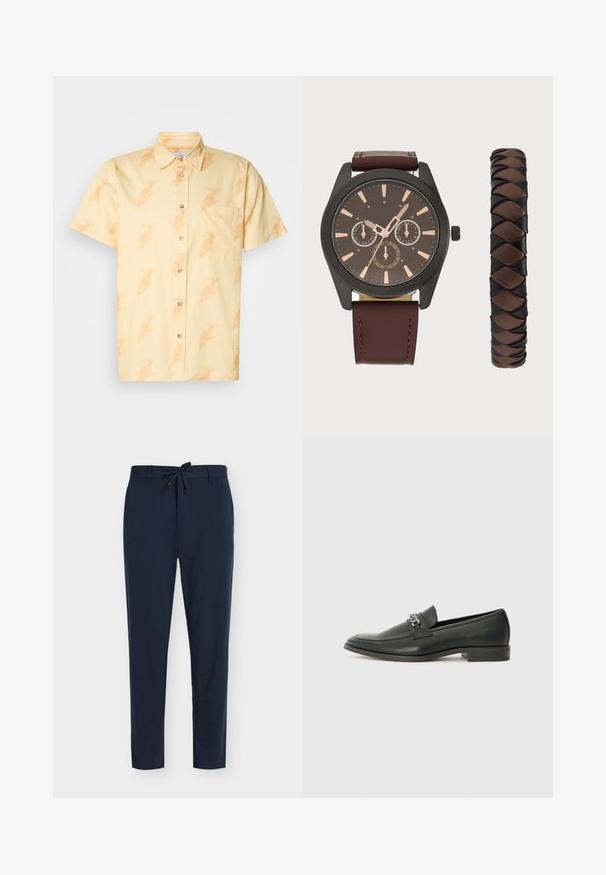 Srajca s kratkimi rokavi v svetlo rumeni barvi z ponavljajočim se vzorcem ptic, en sam žep na prsih in rjavimi gumbi. Gladek bombažen material.; Temno modre hlače iz gladkega blaga z elastiko in vrvico v pasu, z navpičnim trakastim vzorcem in zoženim krojem hlačnic.; Črni usnjeni loafer z gladko površino, ki ima šivano zasnovo in dekorativni kovinski verižni naglas preko vampirja. Ravno peto.; Pier One SET - Ura - black/brown