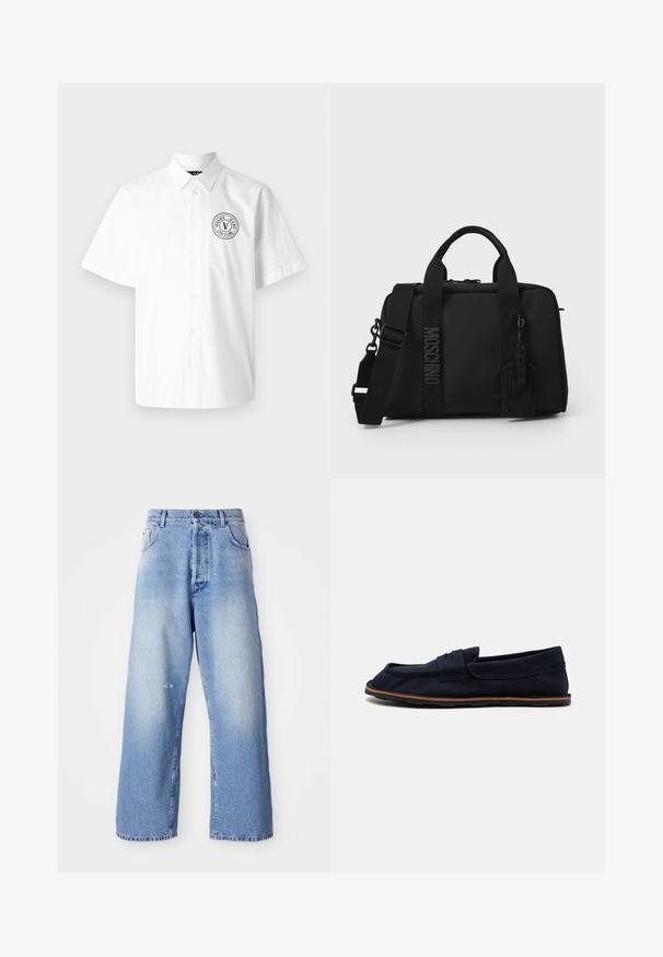 Bela kratka majica s kratkimi rokavi iz bombaža, z ovratnikom na gumb in okrožno črno logotipom na levi strani prsnega dela.; Svetlo modri široki kavbojki z zbledelim videzom, ki imajo zaponko, zanke za pas in rahlo poškodbo blizu kolena.; Morske platnene čoln čevlji z ravnim podplatom, z všitimi trakovi čez stopalo in rjavimi gumijastimi dodatki na podplatu za oprijem.; Črna tekstilna torba z dvema ročajema in snemljivim naramnim trakom. Ima izbočeno logo in usnjeno oznako. Gladka tekstura, pravokotna oblika.