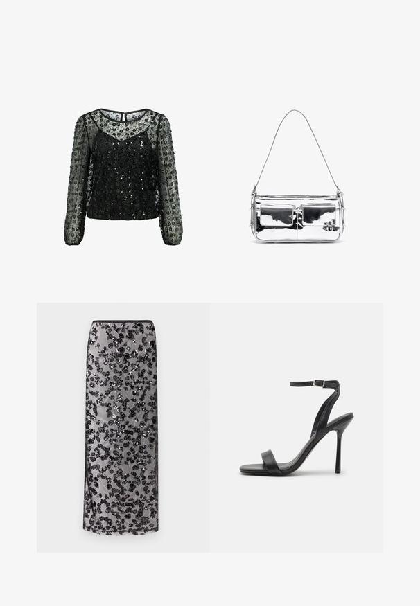 Blouse noire transparente à manches longues, ornée de sequins et de motifs floraux. Dotée d'un col rond et d'une fermeture à clé dans le dos.; Longue jupe noire avec une surcouche transparente ornée de motifs floraux noirs pailletés dispersés, sur un fond neutre.; Sandale à talons hauts noire avec une fine sangle au niveau de la cheville et deux bandes à l'avant. Fabriquée en cuir lisse avec un bout pointu élégant et un talon aiguille.; Sac à épaule en métal argenté avec deux poches avant, texture lisse, détails de couture et une seule bandoulière amovible. Forme rectangulaire compacte.