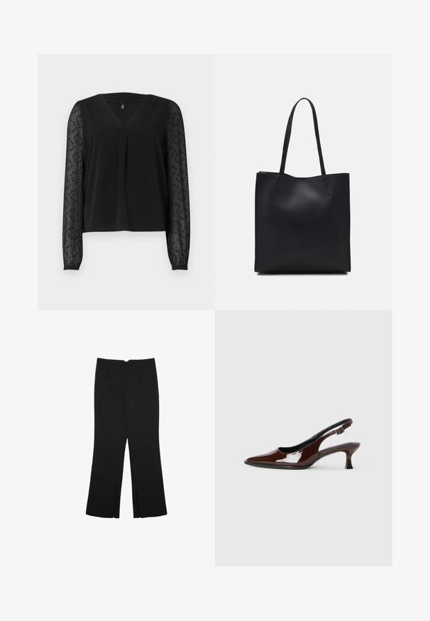 Blusa nera con scollatura a V e piega frontale corta. Maniche lunghe trasparenti con discreti dettagli di perline. Tessuto morbido del corpo con vestibilità comoda.; Pantaloni neri a gamba dritta, con tasche frontali e spacchi laterali all'orlo. Realizzati in tessuto morbido e liscio. Adatti a diverse occasioni.; Scarpa slingback in pelle verniciata marrone con punta affusolata e tacco moderato. Presenta una fascia con fibbia per una calzata sicura. Tessuto liscio.; Borsa tote in pelle nera con texture liscia, forma rettangolare e due manici lunghi. Nessun hardware o decorazione visibile.