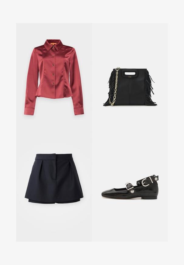 Stine Goya Blūze - raspberry; Sajūga bikses jūras spēku zilā krāsā ar augstu jostasvietu, izgatavotas no gludas auduma. Satur pieguļošu dizainu un slēptu priekšējo kabatu.; Melnas laika patenta ādas dzīvokļu kurpes ar kvadrātu purngalu, potītes siksna ar sudraba furnitūru un platu zoli. Gluda tekstūra ar minimālu dizainu.; Melna ādas rokassoma ar frizūras detaļām, zelta ķēdes plecu siksnu un izgrieztu rokturi. Ir logotipa novietojums priekšpusē.