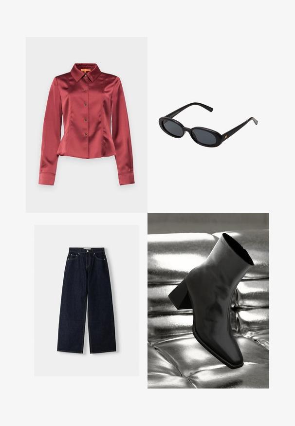 Stine Goya Camicetta - raspberry; Jeans a gamba larga in denim blu scuro con vita alta, cinque tasche, cuciture a contrasto e hardware in metallo argentato. Texture liscia e finitura pulita.; Stivale alla caviglia nero realizzato in materiale lucido con punta quadrata e tacco affusolato, posizionato su uno sfondo argentato lucido con imbottiture a sfera.; Occhiali da sole neri oversize con lenti ovali, montatura in plastica liscia e accenti dorati sulle tempie. Le lenti scure offrono protezione dal sole.