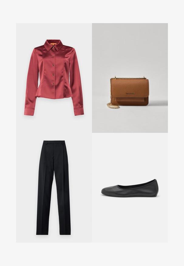 Stine Goya Bluse - raspberry; Schwarze Hosen aus glattem Stoff mit hoher Taille, weitem Bein, vorderen Falten und klassischen Gürtelschlaufen. Keine sichtbaren Seitentaschen.; Schwarze Leder-Ballettschuhe mit abgerundeter Spitze, glatter Textur, minimalen Nähdetails und einem flexiblen Sohlen-Design.; Braune strukturierte Ledertasche mit goldener Kettenriemen und Klappenverschluss. Die Vorderseite zeigt ein Logo-Detail und eine Tasche unter der Klappe.