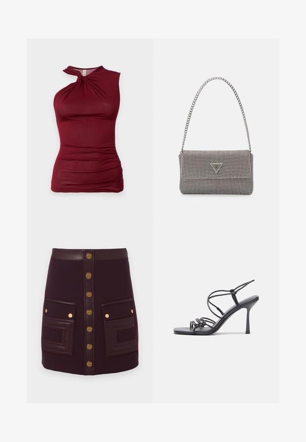 Burgundin väriin kuuluva hihaton toppi, jossa on kiertynyt kaula-aukko, valmistettu sileästä ja joustavasta kankaasta. Sivussa on kerroksellista yksityiskohtaa tekstuurin luomiseksi.; Tumma violetti minihame, jossa on edessä kultaiset napit, nahkavyötärö ja kaksi suurta etutaskua, joissa on nahkareunus ja kultapainikkeet.; Mustat korkokengät sandaalit, joissa on ohuet hihnat solmittuna, sileä neliön muotoinen varvasosa ja tyylikäs stiletto-korko.; Vaalea harmaa metallinen käsilaukku, jossa on ketjusanka. Laukku on koristeltu pienillä pyöreillä metallikoruilla ja kolmion muotoisella brändilogolla.; Hopehopeet hopehopeet hopehopeet hopehopeet, jolla on sileä, kiiltävä pinta. Pyöreä muoto, kevyt rakenne, jossa on neulakiinnitys.