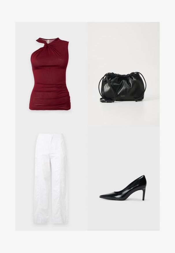 Top sans manches bourgogne avec un décolleté torsadé, fabriqué en tissu lisse et extensible. Présente des détails froncés sur les côtés pour ajouter de la texture.; Pantalons larges blancs en tissu léger, présentant une texture lisse, des lignes épurées et une taille haute.; Chaussure à talon haut en cuir noir avec un bout pointu, texture lisse et un talon effilé. Design minimaliste, sans embellissements supplémentaires.; Sac à main en cuir noir avec un design froncé, fermeture à double cordon et bandoulière amovible. Présente un détail de logo métallique.