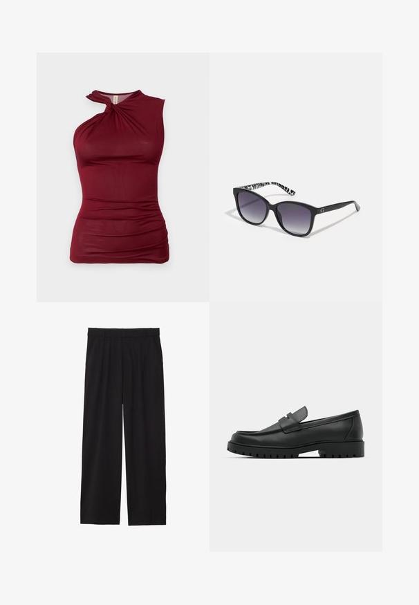 Top sin mangas color burdeos con un escote retorcido, hecho de una tela suave y elástica. Presenta detalles fruncidos a lo largo de los lados para añadir textura.; Pantalones de pierna ancha negros con frente plisado, bolsillos laterales y una textura de tela suave. Diseñados para un ajuste relajado.; Mocasines de cuero negro con punta redonda, que cuentan con un diseño cosido, suela de plataforma baja y una suela de goma texturada y con tacos.; Gafas de sol negras con lentes degradados, forma cuadrada y una patilla con un patrón texturizado en blanco y negro. Presenta un acento de logo en plateado.; Aros de plata en forma de aro con un acabado liso y brillante. Diseño redondeado y ligero, con cierre de tipo post-back.