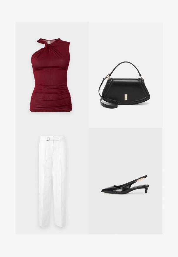 Top senza maniche color bordeaux con scollatura attorcigliata, realizzato in tessuto liscio e elastico. Presenta dettagli arricciati lungo i lati per aggiungere texture.; Pantaloni bianchi su misura con gamba larga, passanti per cintura e una cintura con fibbia in argento. Realizzati in tessuto leggero con una texture liscia.; Tacchi slingback in pelle nera con punta affusolata, caratterizzati da un tacco alto e un accento dorato sulla cinghia regolabile. Texture liscia.; Borsa a mano in pelle nera con un design strutturato, caratterizzata da una forma corta, manico superiore e accessori in metallo dorato. Inclusa tracolla regolabile.