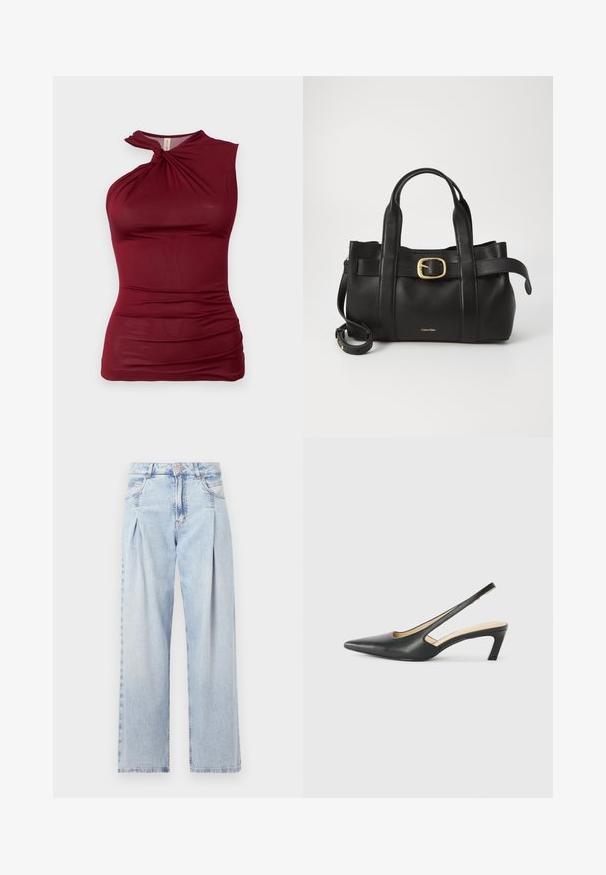 Burgunderfarget ermeløs topp med vridd halslinje, laget av glatt, elastisk stoff. Har rynkedetaljer langs sidene for tekstur.; Lyseblå denimjeans med høy livlinje, vide ben, to sidelommer og plisserte detaljer. Myk tekstur med en falmet finish.; Svart spiss tå slingback-sko med lav hæl, laget av jevnt skinnmateriale og med utskåret design på siden for pusteevne.; Svart lærveske med en strukturert design, doble topphåndtak, gullfarget spenneakent og preget merke-logo foran.