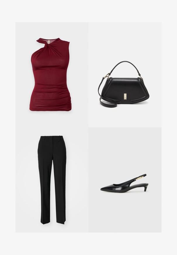 Bordeaux ærmeløs top med en snoet halsudskæring, lavet af glat, strækbart stof. Har samlede detaljer langs siderne for tekstur.; Sorte skræddersyede bukser med lige ben-design, der har en glat tekstur og skarpe folder langs fronten. Ingen synlige hardware.; Sorte læder slingback hæle med spids tå, der har en slank hæl og en guldfarvet detalje på den justerbare rem. Glat tekstur.; Sort læderhåndtaske med en struktureret design, der har en kortet form, tophåndtag og guld hardware-accenter. Justerbar skulderrem inkluderet.