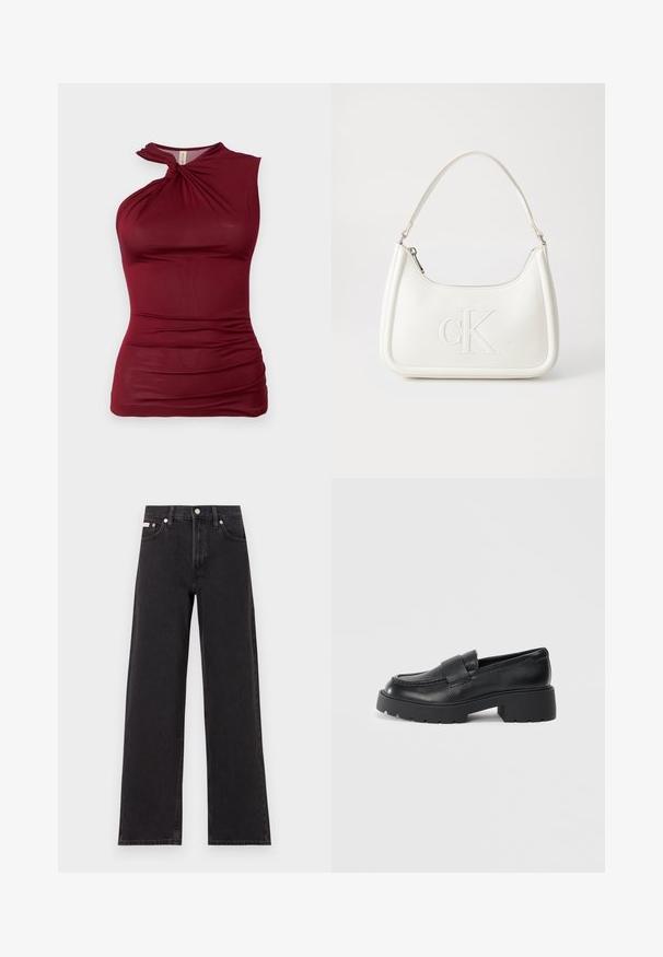 Burgundské bezramínkové tričko s zkrouceným výstřihem, vyrobené z hladké, elastické látky. Obsahuje na bocích nabrání pro texturu.; Černé široké jeansy vyrobené z denimu, s vysokým pasem, pěti kapsami a kovovým zapínáním s kontrastním prošíváním.; Černé kožené mokasíny s texturovaným povrchem, které mají obdélníkový pásek přes nárt a robustní podrážku s drážkováním.; Bílá kožená kabelka s křivkovým tvarem, na přední straně s vyraženým logem "CK" a jediným ramenním popruhem. Zipový uzávěr na vrchu.