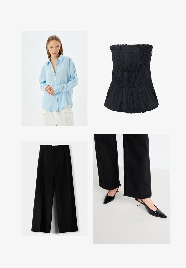 Vaaleansininen nappikauluspaita pehmeästä tekstuurikankaasta, jossa on pitkät hihat ja rento malli, jota täydentävät vaaleansiniset napit.; Mustat hihattomat puserot, joissa on kootut tekstuurit, vaakasuorilla saumoilla ja alaosan levenevällä, taitoksilla varustetulla muotoilulla. Tasainen kangasmateriaali.; Mustat leveälahkeiset housut, jotka on valmistettu kevyestä kankaasta. Housuissa on etunappikiinnitys ja tasainen etuosa, sekä huolellisesti ommellut helmat.; Simmi London JUNE - Avokkaat - black