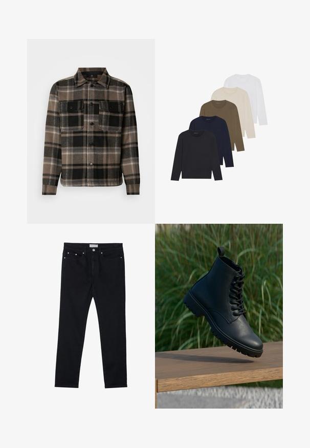 Chemise à carreaux marron et noir en tissu doux, avec un devant boutonné, deux poches poitrine et un col classique.; Cinq chemises à manches longues dans un dégradé de couleurs : bleu marine foncé, bleu marine, vert olive, beige et blanc. Chacune a un col rond et une texture lisse.; Jean en denim noir avec une coupe droite, cinq poches, des rivets en métal et une fermeture à bouton. Texture douce avec une légère élasticité.; Bottine noire à cheville en cuir lisse. Elle présente un design à lacets, un bout rond et une semelle robuste avec un relief prononcé. Petite languette à l'arrière.