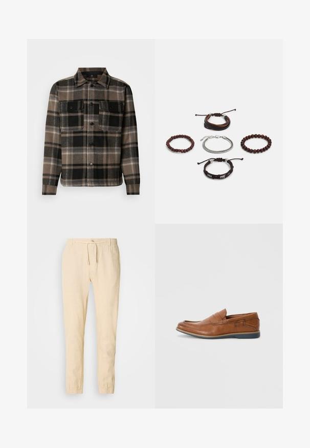 Brown and black plaid shirt made of soft fabric, featuring a button-up front, two chest pockets, and a classic collar design.; Light beige linen trousers with a drawstring waist, tapered legs, and elastic cuffs. Simple design with a subtle texture.; Brown leather loafers with a round toe, stitched accents, and a low rubber sole. The design features a band across the upper.; Set of five bracelets featuring brown leather, wooden beads, and a silver chain; varying textures and shapes, with adjustable closures.