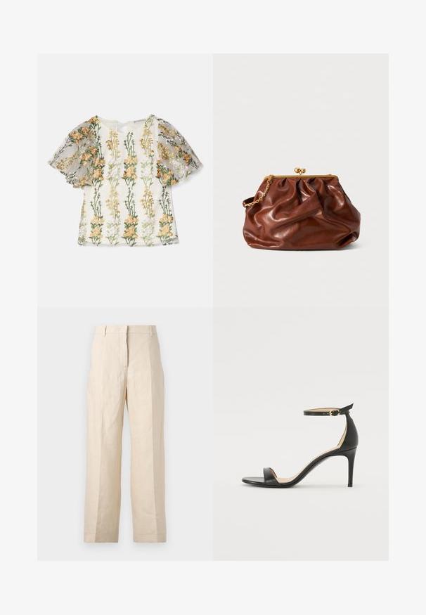 Ida Sjöstedt MAGDA EMBROIDERY - Marškinėliai su spaudiniu - multi-coloured; Bežinės lininės kelnės su laisvu kirpimu, preguldyta priekyje ir tiesiomis kojomis. Savybės: juosmuo su diržo kilpomis ir be matomų kišenių.; Juodos oda aukštakulniai sandalai su kulkšnies dirželiu. Pasižymi lygiu paviršiumi, atviru pirštu ir plonu kulnu. Auksinės spalvos sagties detalė.; Ruda odinė delninė su auksiniu užsegimu ir trumpu auksiniu grandininiu rankena, pasižyminti minkšta, susiraukšlėjusia tekstūra ant balto fono.