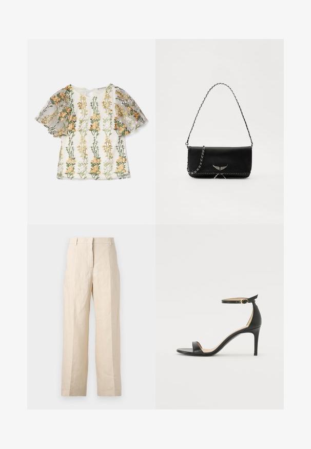 Ida Sjöstedt MAGDA EMBROIDERY - Triko s potiskem - multi-coloured; Bežové lněné kalhoty s volným střihem, sklady na přední straně a rovnými nohavicemi. Mají pas s poutky na opasek a žádné viditelné kapsy.; Černá kožená sandálová bota na vysokém podpatku s páskem kolem kotníku. Vyznačuje se hladkým povrchem, otevřenou špičkou a tenkým podpatkem. Detail v zlatém tónu na sponě.; Černá kožená kabelka se stříbrným řetízkovým popruhem, zdobená dekorativními křídly a bílým prošíváním podél spodního švu.