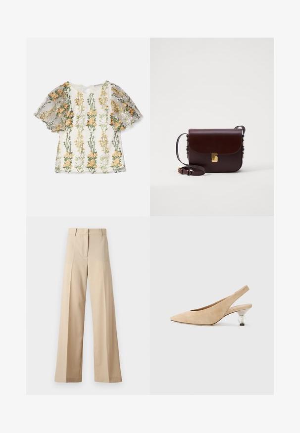 Ida Sjöstedt MAGDA EMBROIDERY - T-shirts print - multi-coloured; Beige bukser med vid ben lavet af blødt stof, med en flad foran med folder, lynlås og bæltestropper. Skræddersyet pasform generelt.; Beige ruskind slingback sko med spids tå og en gennemsigtig, rund hæl. Glat tekstur og minimalistisk design.; Brun lædertaske med klaplukning, guldfarvet hardware og justerbar rem. Har en glat tekstur og en slank rektangulær form.