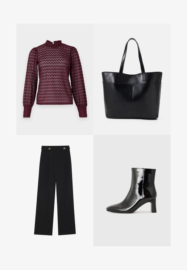 Burgundijas krāsas garās piedurknes tops ar augstu kaklu, teksturētu rakstu un sapludinātām piedurknēm. Izgatavots no viegla, puscaurspīdīga auduma.; Melnas platās bikses ar augstu jostasvietu, pogu detaļām uz jostas un priekšējām krokām.; Melnas patentētas ādas potīšu zābaki ar norādītu pirkstu un vidēja augstuma kvadrātveida papēdi. Gluda tekstūra un minimālisma dizains.; Melnas ādas iepirkumu soma ar divām garām rokturām, gludu tekstūru un strukturētu formu. Iekļauj priekšējo kabatu papildu uzglabāšanai.