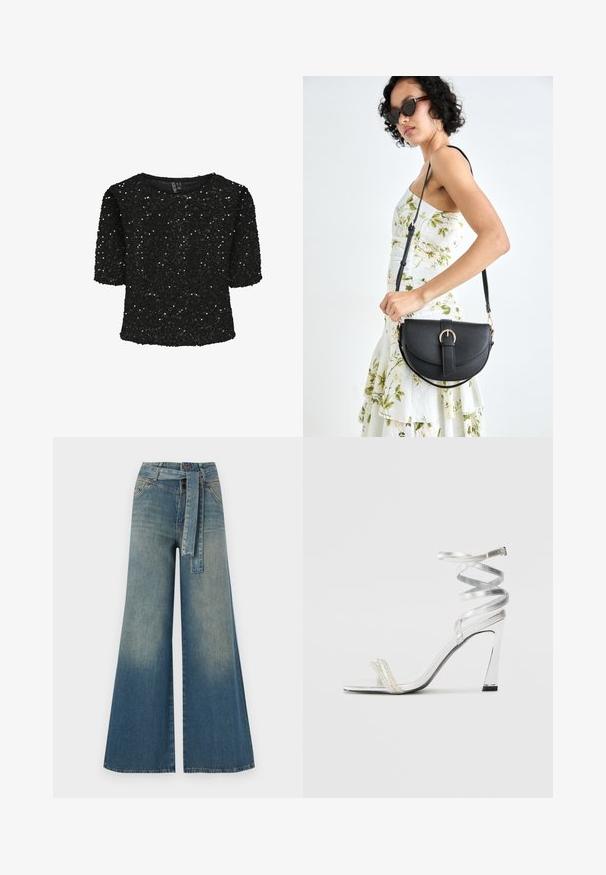 Top corto negro de manga corta cubierto de lentejuelas, con un escote redondeado y una textura suave. Destaca por su brillo y un ajuste holgado.; Pantalones de mezclilla de pierna ancha con un degradado de azul claro a oscuro, cintura alta, trabillas para cinturón y un cinturón de tela a juego. Acabado de mezclilla texturizada.; Sandaia de tacón alto plateada con un diseño de tira brillante, que cuenta con un acento similar a una perla y una correa en espiral en el tobillo para un ajuste seguro.; Bolso de piel negra con forma curva, correa desmontable y herrajes dorados. El bolso cuenta con una solapa con un detalle de hebilla.