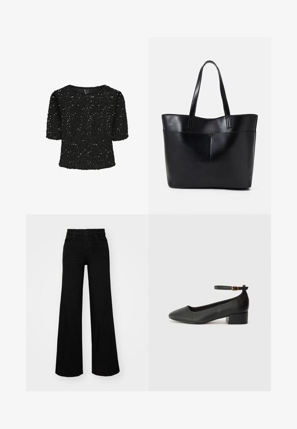 Juoda trumpa rankovė viršutinė, padengta blizgučiais, su apvaliu kaklu ir minkšta tekstūra. Akcentuota blizgesiu ir laisvu siluetu.; Juodos plačios kelnės iš denimo, turinčios struktūruotą juosmenį, diržo kilpas ir priekines kišenes. Lygus paviršius su klasikinio dizaino elementais.; Juodas odinis aukštakulnis batelis su smailiu pirštu ir žemu bloku. Su kulkšnies dirželiu su auksinės spalvos sagtimi. Lygus paviršius.; Juoda odinė rankinė su dviem ilgais diržais, lygiu paviršiumi ir struktūrizuota forma. Yra priekinė kišenė papildomam saugojimui.