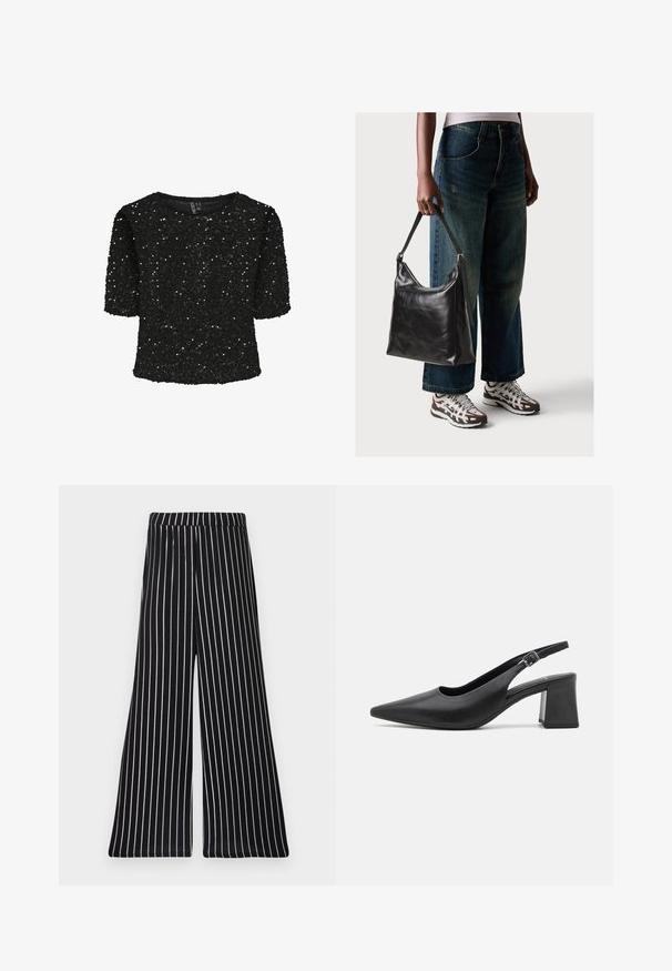 Sort kortærmet top dækket af pailletter, med rund halsudskæring og en blød tekstur. Fremhævet med glans og en afslappet pasform.; Sort og hvid stribet bukser med bred ben og elastisk talje, der har lodrette striber i et blødt, strækbart stof.; Sorte læder slingback hælesko med spids tå og chunky blokhæle. Har en justerbar rem med en metalspænde.; Sort læder skuldertaske med en glat tekstur og justerbar skulderrem, parret med faded brede bukser og atletiske sneakers.