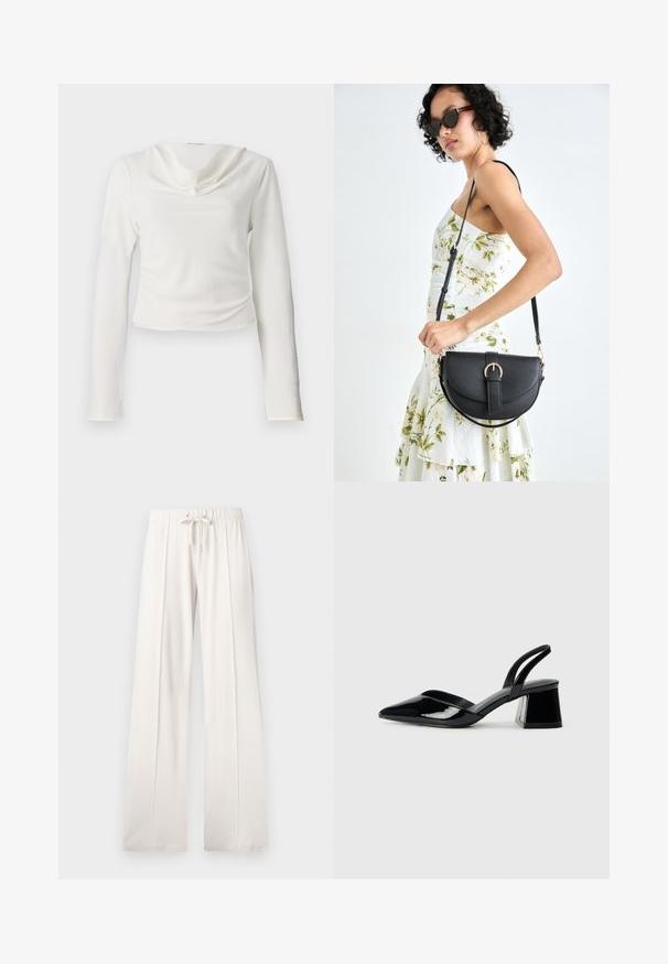 White long-sleeve top with a draped cowl neckline, featuring a textured fabric and a cropped silhouette, no visible hardware or patterns.; Light beige sweatpants made of soft fabric, featuring a drawstring waist, wide legs, and vertical seams, with a smooth texture.; Black patent leather slingback heels with a pointed toe and a geometric block heel. Features a sleek, minimal design and smooth texture.; Black leather handbag with a curved shape, detachable strap, and gold hardware. The bag features a flap with a buckle detail.