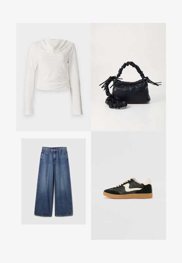 Bela dolga majica z dolgimi rokavi in drapiranim izrezom, narejena iz teksturirane tkanine in s krojeno silhueto, brez vidnih kovinskih delov ali vzorcev.; Široke jeans hlače iz modrega denima z bledečim finišem, z gumbom in zadrgo, petimi žepi in zanko za pas.; Črne semiš in usnjene superge s kremasto stransko puščico in svetlo kremasto peto. Imajo bež čipke in gumijast podplat.; Črna torbica iz umetnega usnja s krokodilovo teksturo, z zvitim vrhom in zmečkano naramico. Zdi se mehka in kompaktna v oblikovanju.