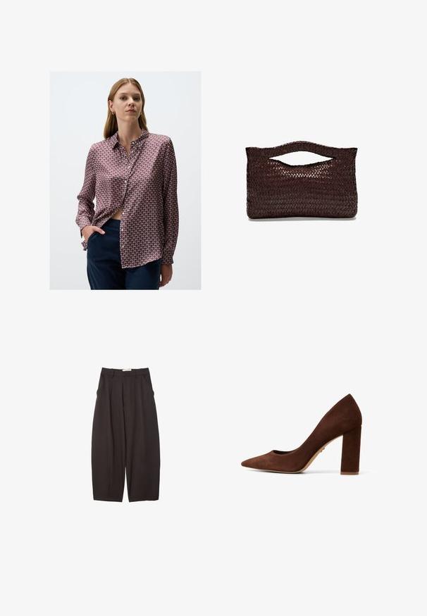 Langärmliges Hemd mit einem rot-blauen geometrischen Muster, aus glattem Stoff gefertigt, mit Kragen und Knopfleiste, in dunkle Hose gesteckt.; Schwarze weit geschnittene Hosen aus einem glatten Stoff, mit hoher Taille, Frontfalten und Seitentaschen. Schlichtes Design ohne Verzierungen.; Braune Wildleder-Pumps mit spitzer Zehe und breitem Blockabsatz. Glatte Oberfläche und minimalistisches Design. Keine sichtbaren Beschläge oder Muster.; Braune geflochtene Lederhandtasche mit einem abgerundeten Obergriff und einer offenen Silhouette, die eine strukturierte Oberfläche und ein schlankes, minimalistisches Design aufweist.
