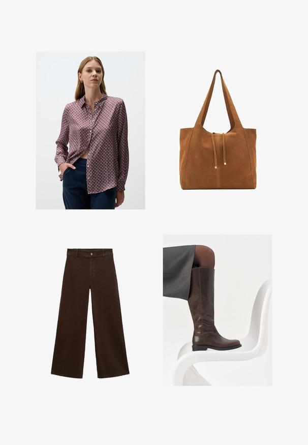 Chemise à manches longues dans un motif géométrique rouge et bleu, fabriquée en tissu lisse avec un col et une fermeture à bouton, rentré dans un pantalon sombre.; Pantalons large en coton mélangé, couleur marron, avec un ourlet effiloché, une fermeture à bouton à l'avant et un design classique à cinq poches. Minimaliste et polyvalent.; Botte en cuir marron à hauteur de genou avec un bout arrondi, texture lisse et détails de couture minimalistes, placée sur un fond clair sur une chaise blanche.; Sac fourre-tout en suede marron avec deux longues poignées, fermeture à cordon, et design minimaliste. Texture lisse et sans accents matériels visibles.