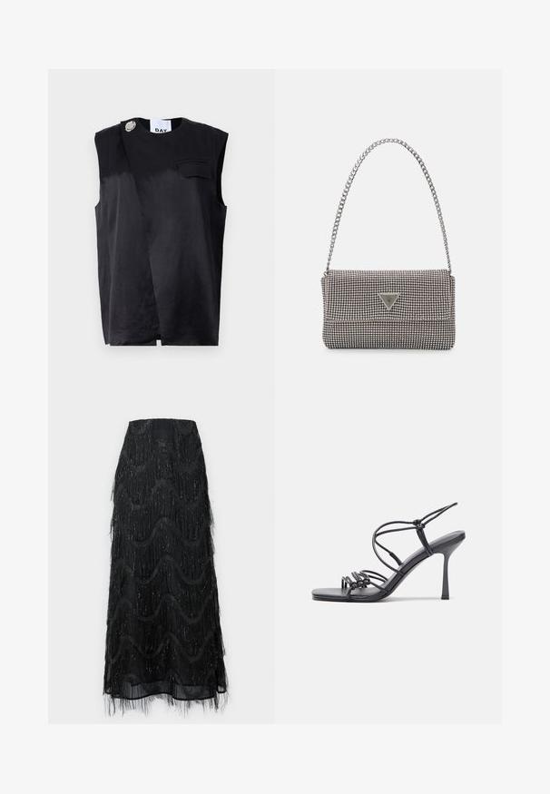 Mustat hihattomat paita, jossa on diagonaalinen muotoilu, yksi rintatasku ja ylisuuria hopeanvärisiä nappeja. Valmistettu sileästä kankaasta.; Mustat midi-hameet, joissa on kerroksellista fringea ja aaltoilukuosia. Valmistettu läpikuultavasta materiaalista, jonka reunoilla on kimaltavia yksityiskohtia.; Mustat korkokengät sandaalit, joissa on ohuet hihnat solmittuna, sileä neliön muotoinen varvasosa ja tyylikäs stiletto-korko.; Vaalea harmaa metallinen käsilaukku, jossa on ketjusanka. Laukku on koristeltu pienillä pyöreillä metallikoruilla ja kolmion muotoisella brändilogolla.; Hopeiset korvarenkaat, joissa on sileä ja kiiltävä pinta, kaareva muoto ja piikkikiinnitys. Minimalistinen muotoilu modernilla viimeistelyllä.