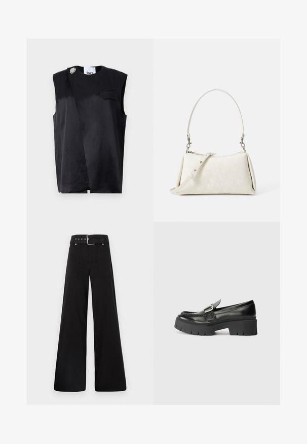 Melnā bez piedurknēm topa ar diagonālu dizainu, vienu krūšu kabatu un pārspīlēti lielu sudraba pogu akcentu. Izgatavots no gludas auduma.; Melna platā kāju bikses, izgatavotas no kokvilnas, ar augstu jostasvietu, lieliem sānu kabatām un jostu ar sudraba detaļām.; Melnas ādas loafers ar masīvu gumijas zoli. Iezīmējas ar sprādzes akcentu un izšuvumu detaļām virsējā daļā. Plakans papēdis.; Balta soma ar gludu tekstūru, izliekta silueta un regulējama plecu siksna. Iezīmējas ar vienmērīgu logotipa rakstu un sudraba aksesuāriem.